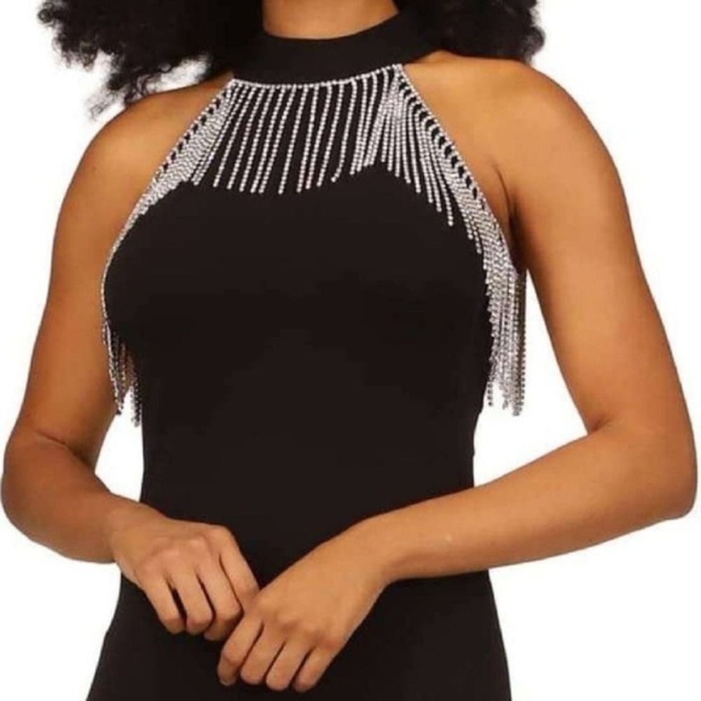 NWT Michael Michael Kors Black Rhinestone Fringe Jersey Sheath Mini Dress 2X